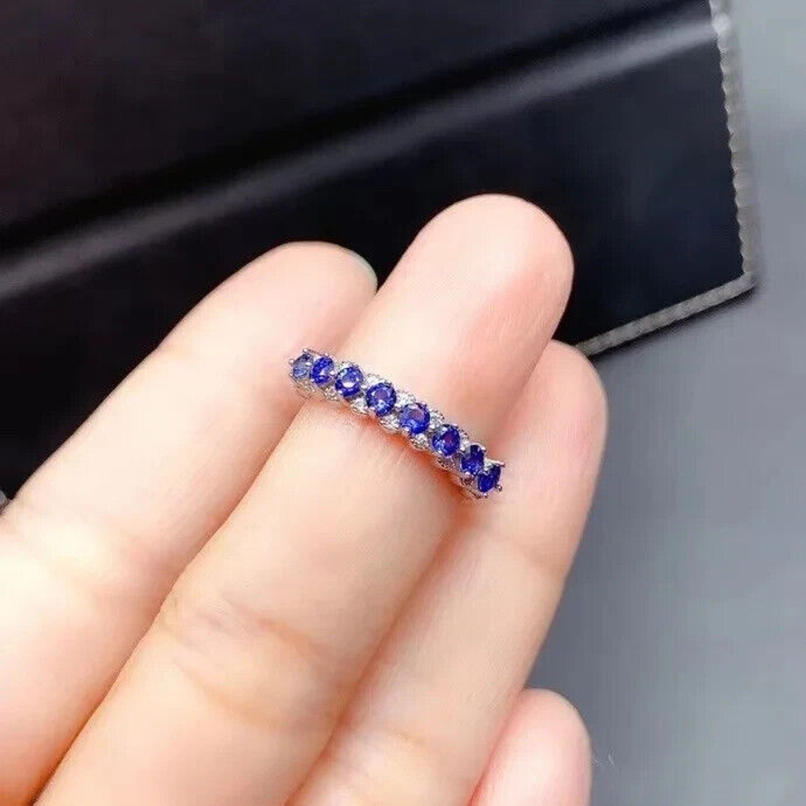 Natural Sapphire Band Ring, Genuine Blue Sapphire Band Ring Sterling Silver