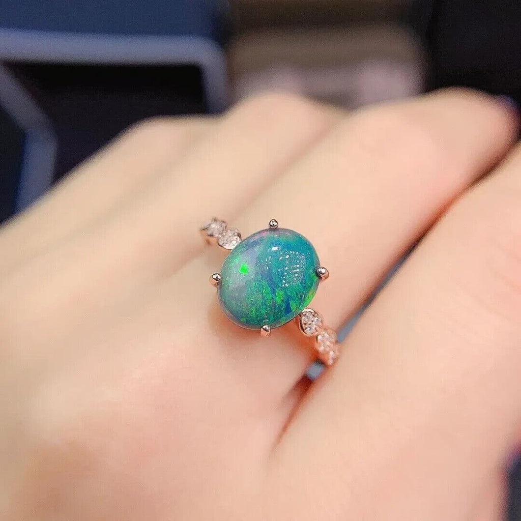 Natural Black Fire Opal Cocktail Ring 9x11mm Platinum Plated