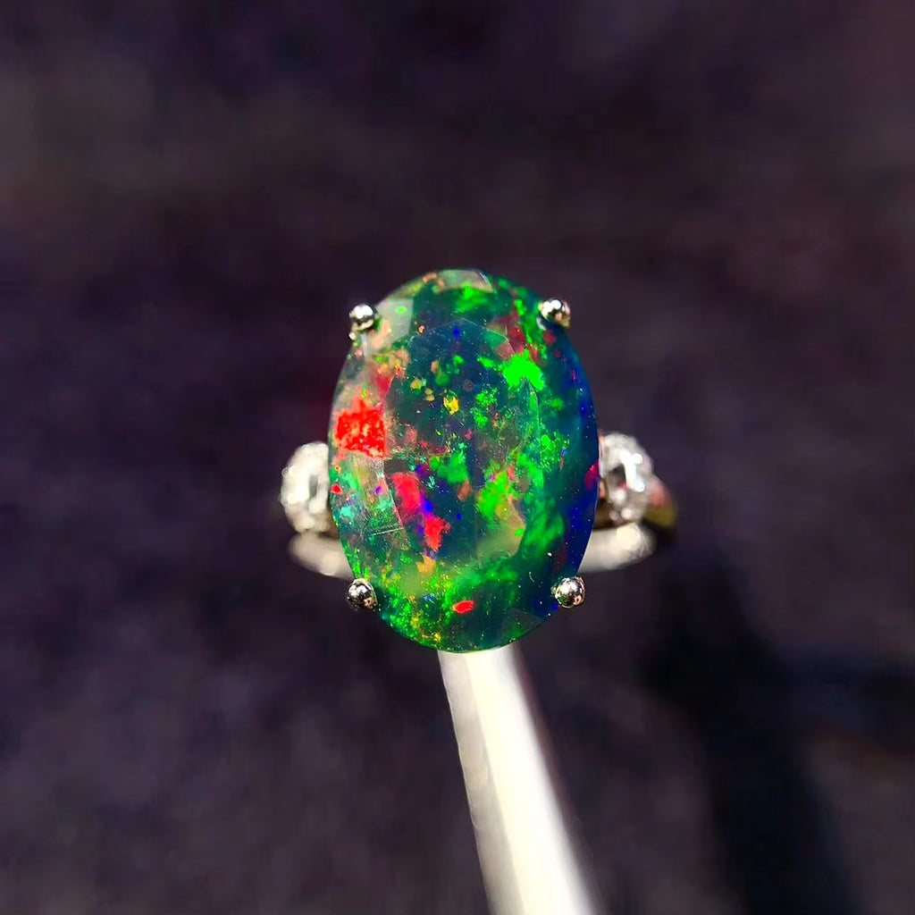 Faceted Black Opal Ring, Australian Fire Opal Statement Ring Sterling Silver