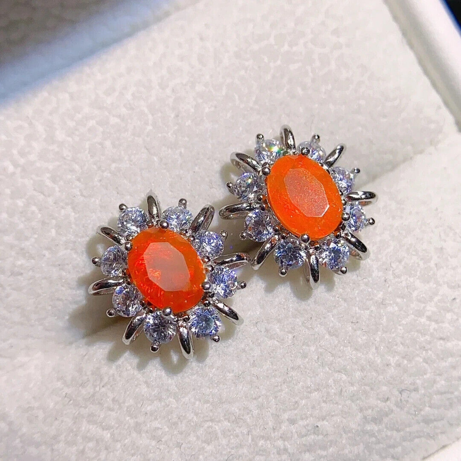 Orange Fire Opal Stud Earrings 5x7mm, Natural Orange Fire Opal Earrings