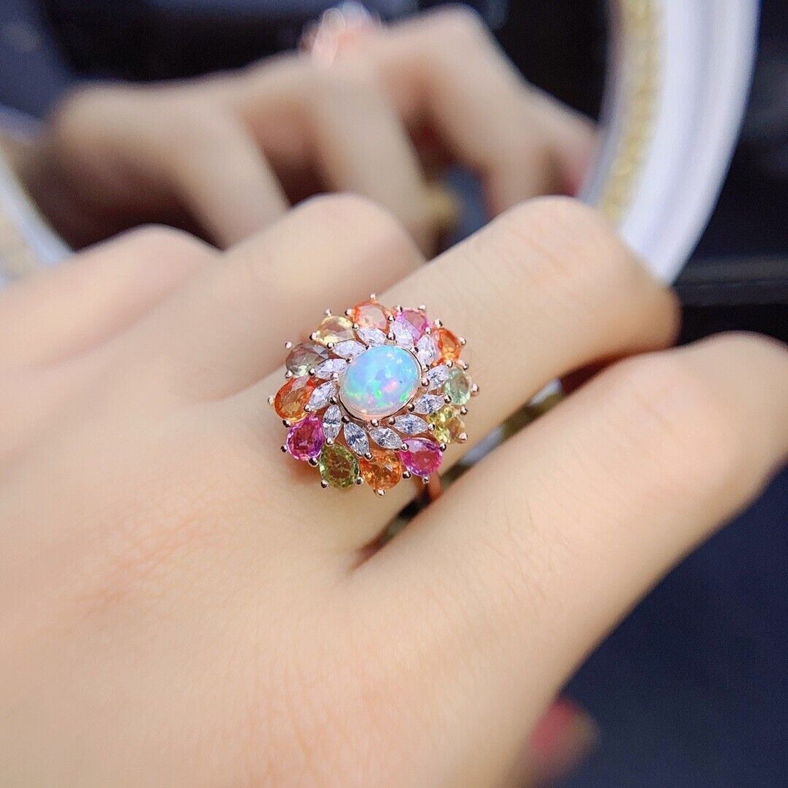 Australian White Opal and Sapphire Statement Ring, Colorful Sapphire and Opal