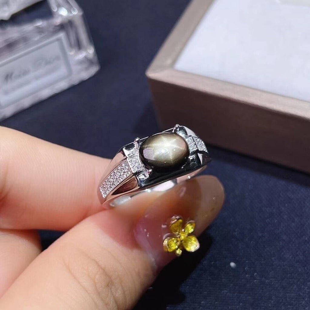 Men's Gray Star Sapphire Ring, 7x9mm Natural Gray Star Sapphire Ring Sterling