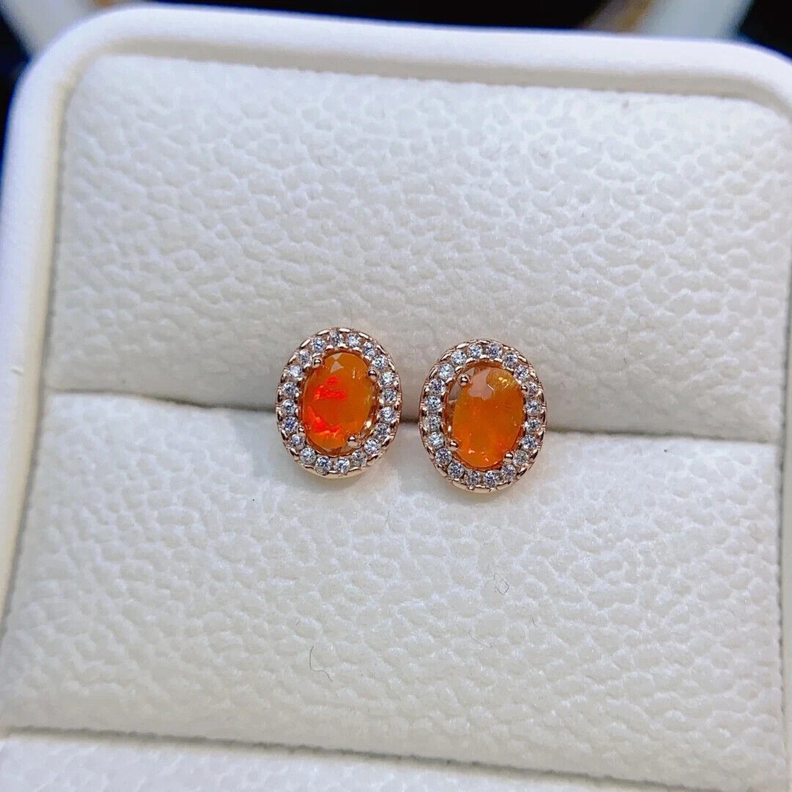 Orange Fire Opal Stud Earrings 4x6mm, Natural Orange Fire Opal Earrings