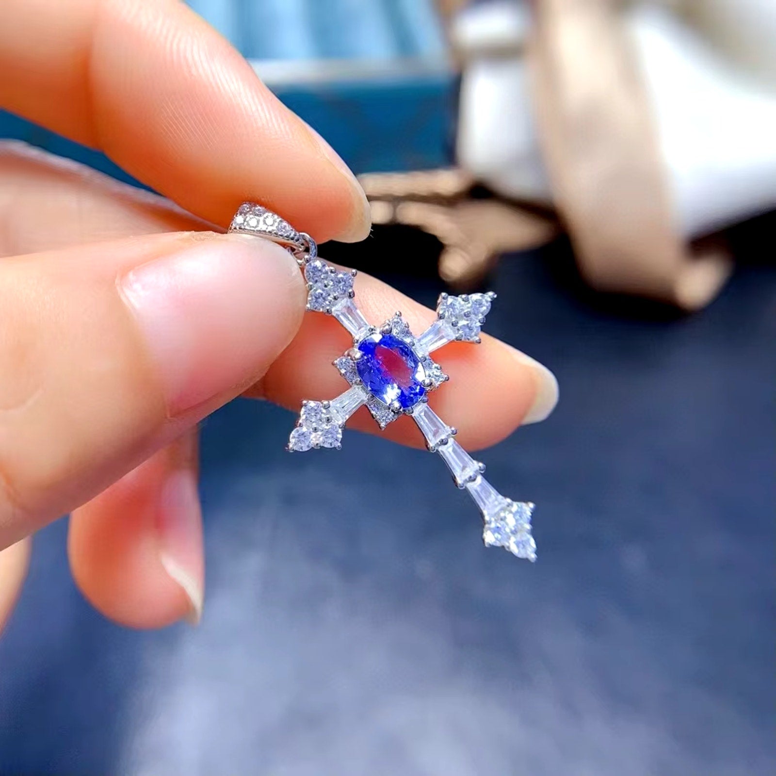 Purple Tanzanite Cross Pendant Necklace, Natural Tanzanite Cross Necklace 5x7mm