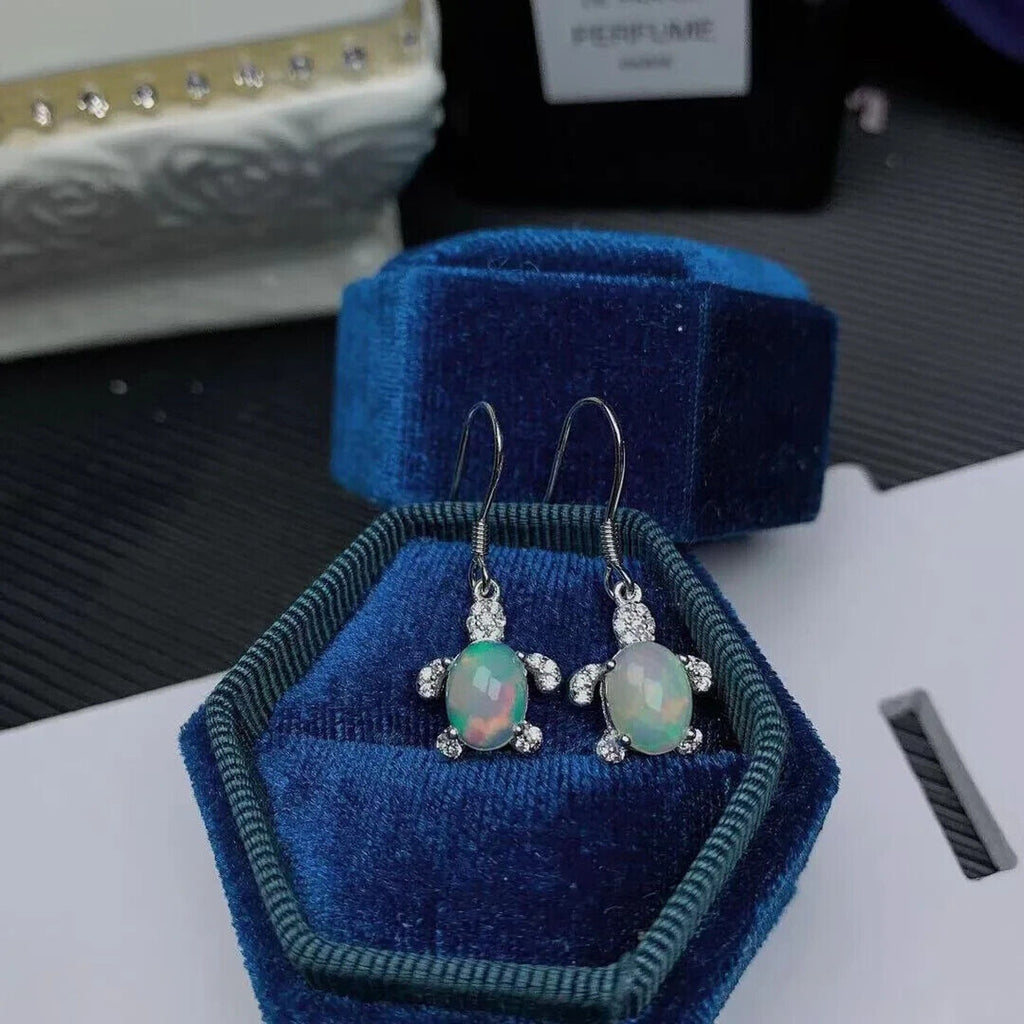 Turtle Opal Earrings, Natural Fire Opal Turtle Dangle Earrings Sterling Silver