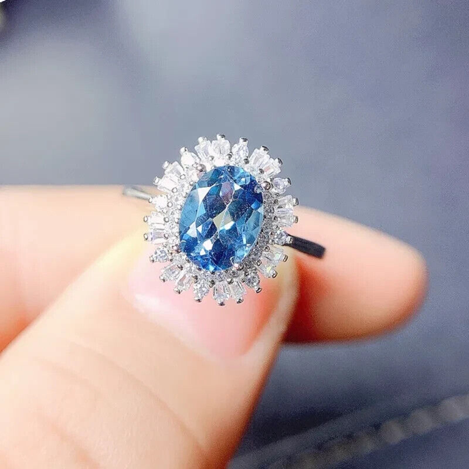 Swiss Blue Topaz Statement Ring, Natural Blue Topaz Gemstone Ring 6x8mm 1.6CT