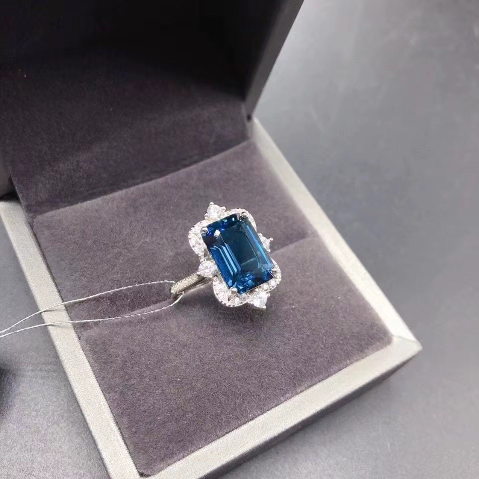 5CT Emerald Cut London Blue Topaz Ring 925 Sterling Silver VVS Grade 8x12mm