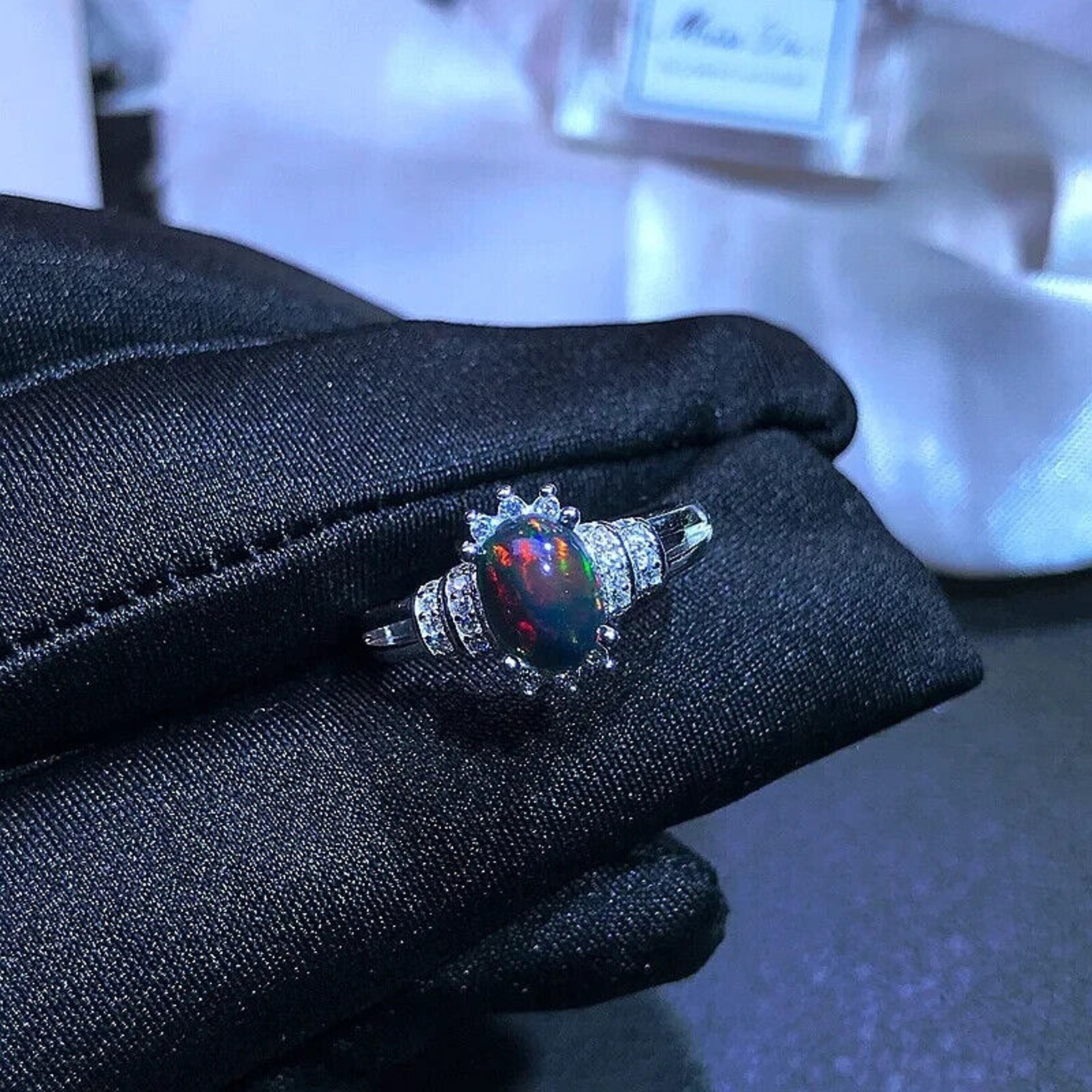 Colorful Dainty Black Fire Opal Ring, Multicolor Fire Opal Ring Sterling Silver