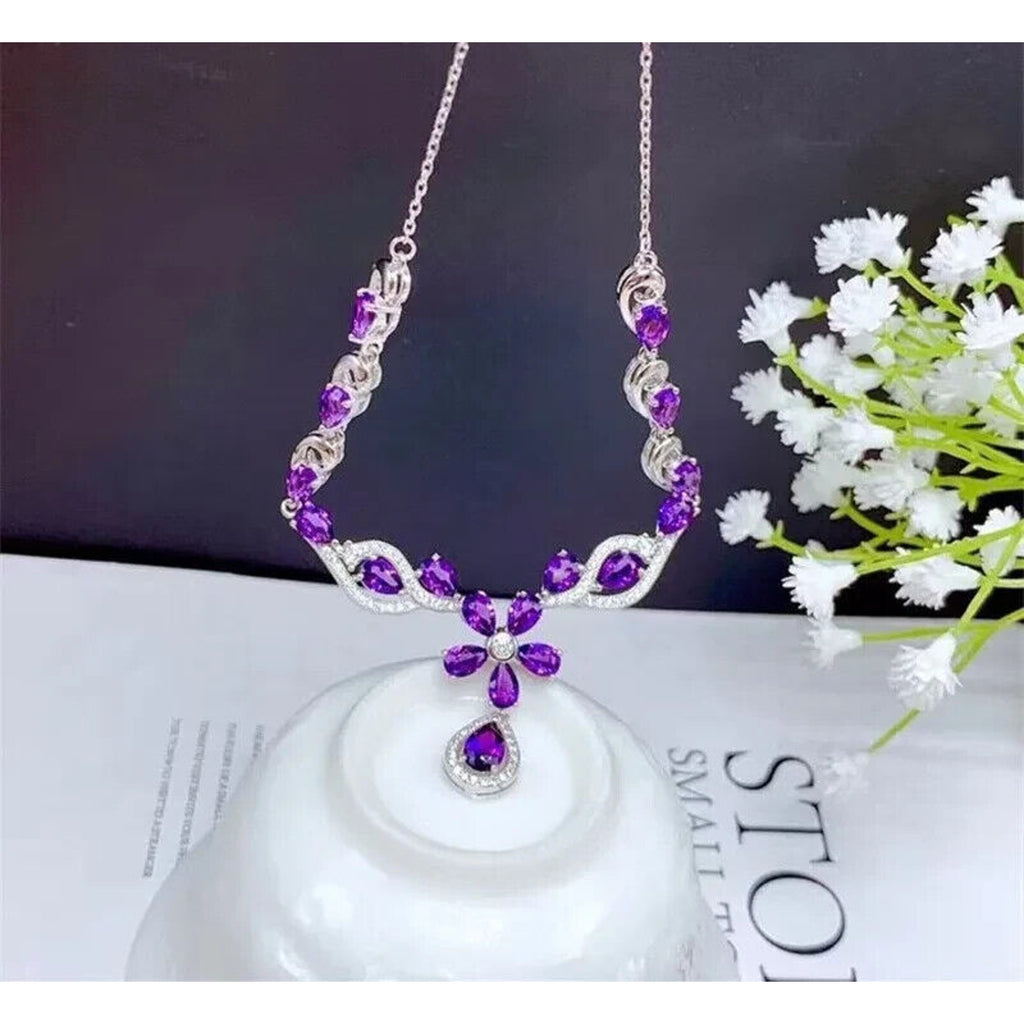 Natural Amethyst Statement Necklace, Amethyst Flower Necklace 925 Sterling