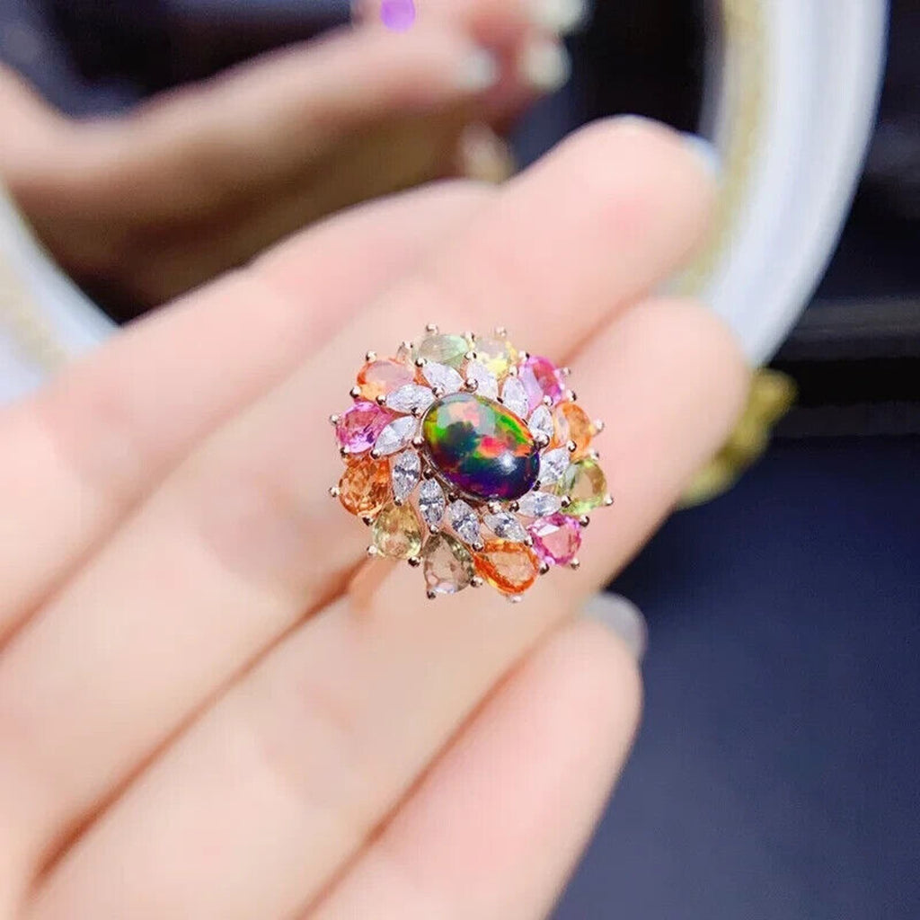 Black Fire Opal and Sapphire Cluster Statement Ring, Fire Opal and Sapphire