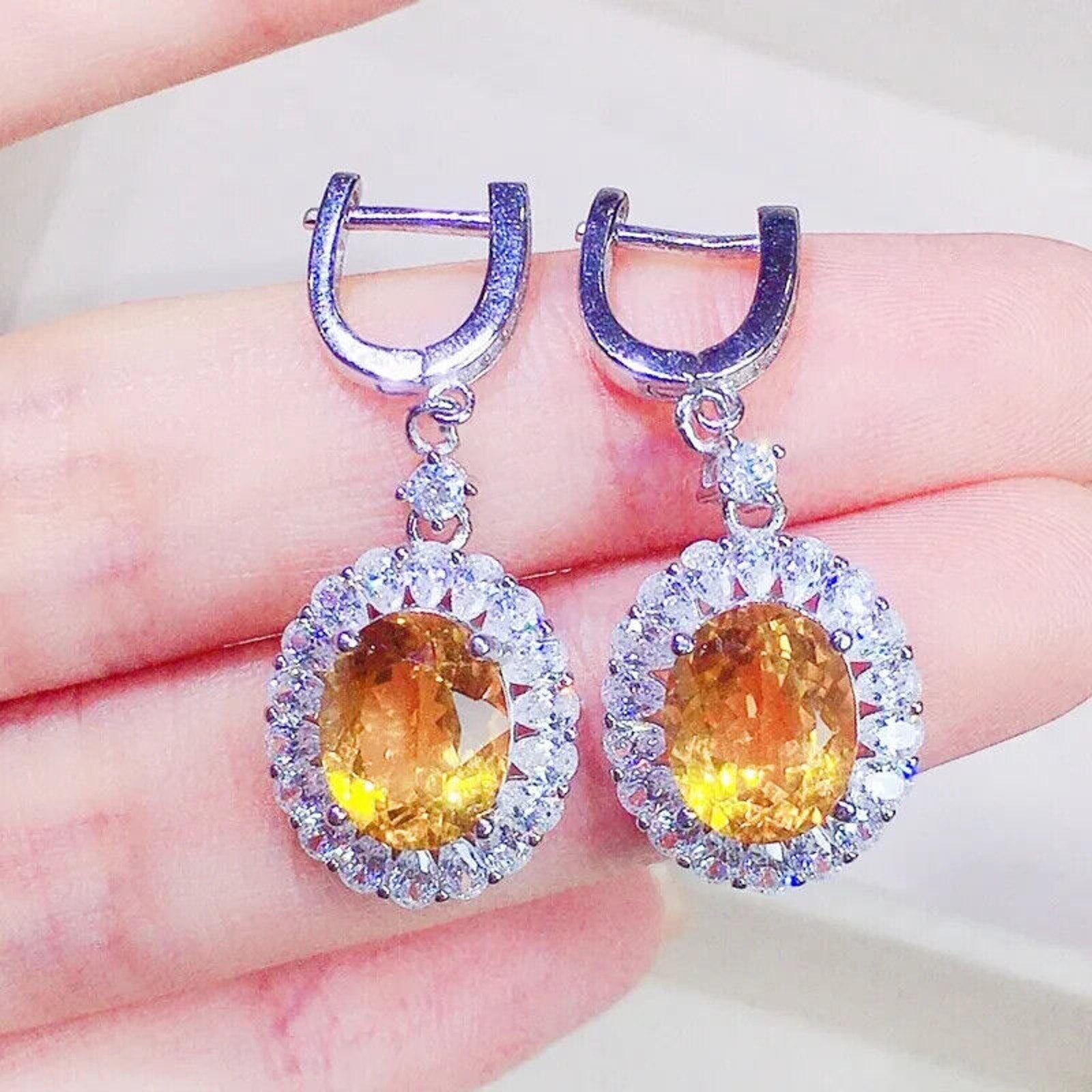 Natural Citrine Oval Cut Dangle Earrings 8x10mm, Citrine Statement Earrings