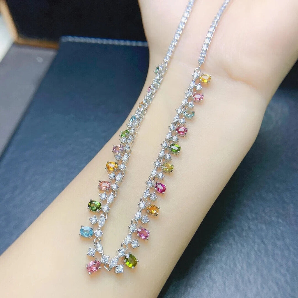 Natural Tourmaline Dainty Charm Necklace, Multicolor Brazilian Tourmaline 3x4mm