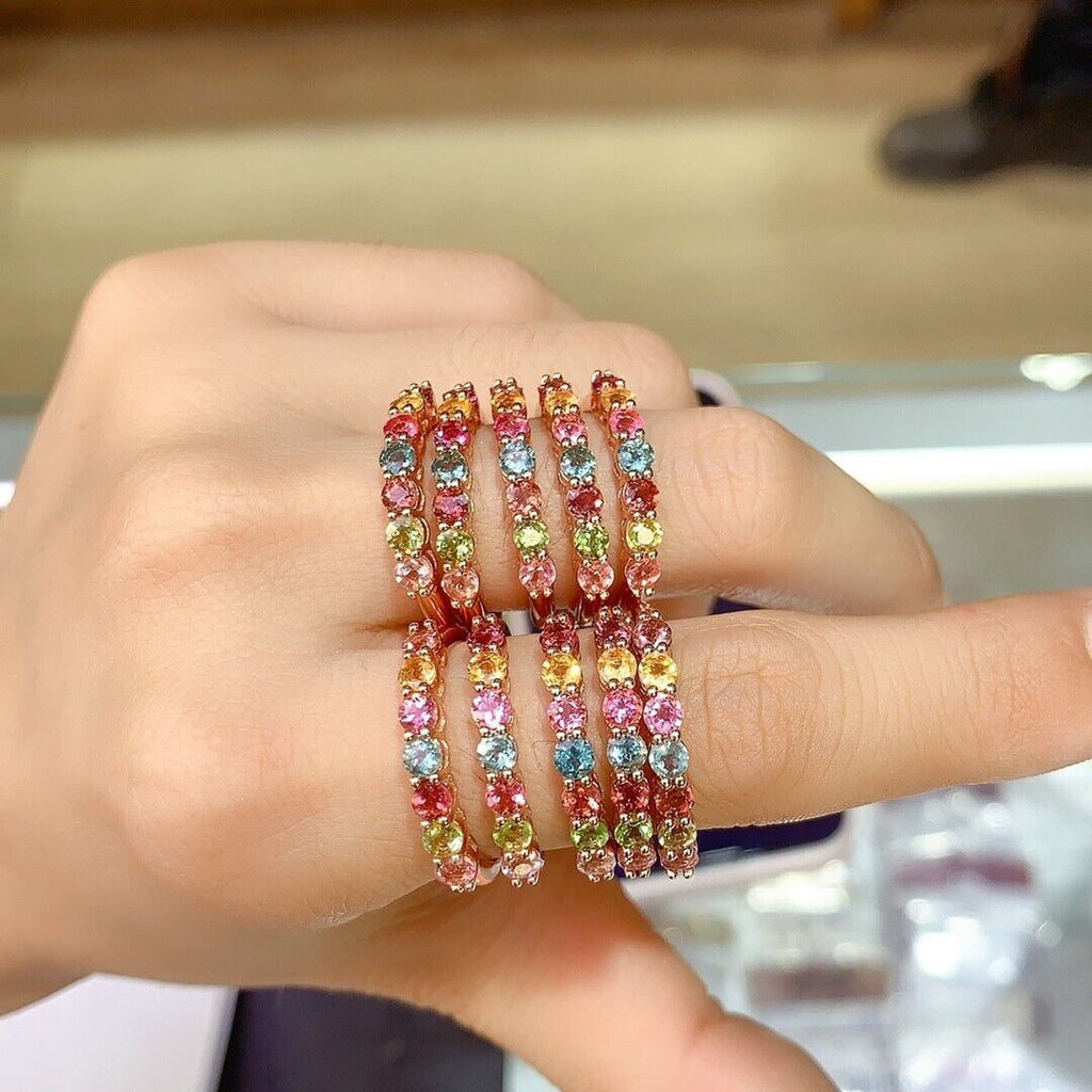 Natural Tourmaline Gemstone Band Ring, Women's Multicolor Tourmaline Band Ring