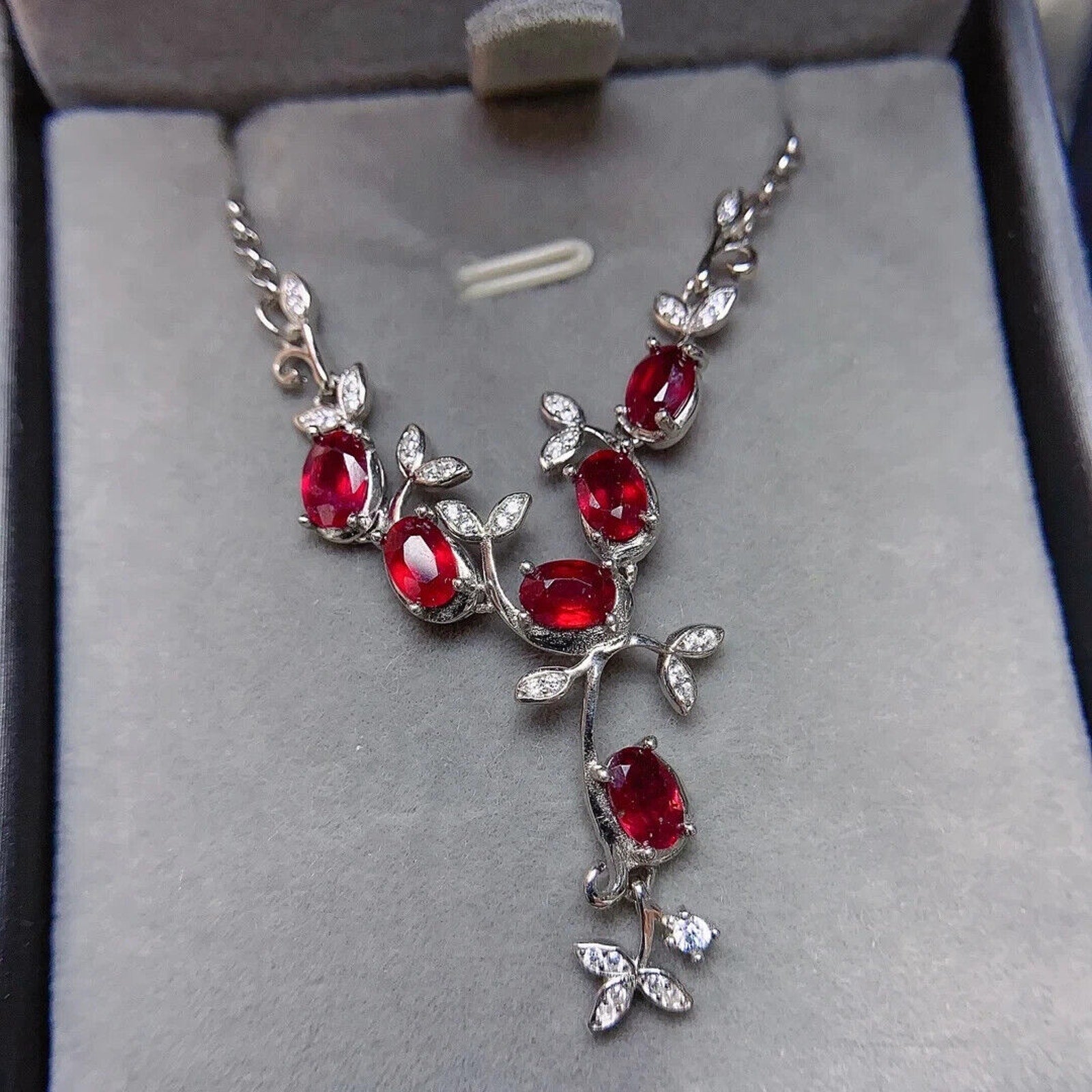 Natural Ruby Leaflet Necklace, Genuine Ruby Chain Necklace Sterling Silver