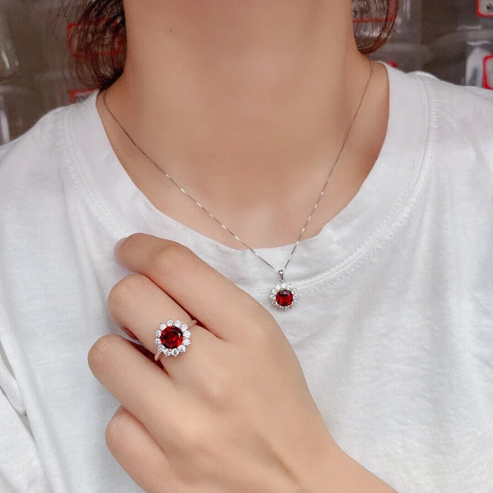 Women's Red Garnet Jewelry Set, Natural Red Garnet Necklace and Pendant Set