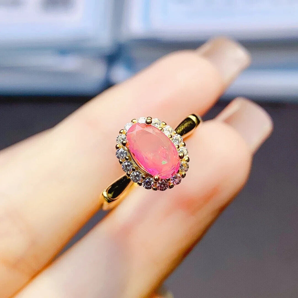 Pink Fire Opal Gemstone Ring 5x8mm, Natural Pink Fire Opal Ring 925 Sterling