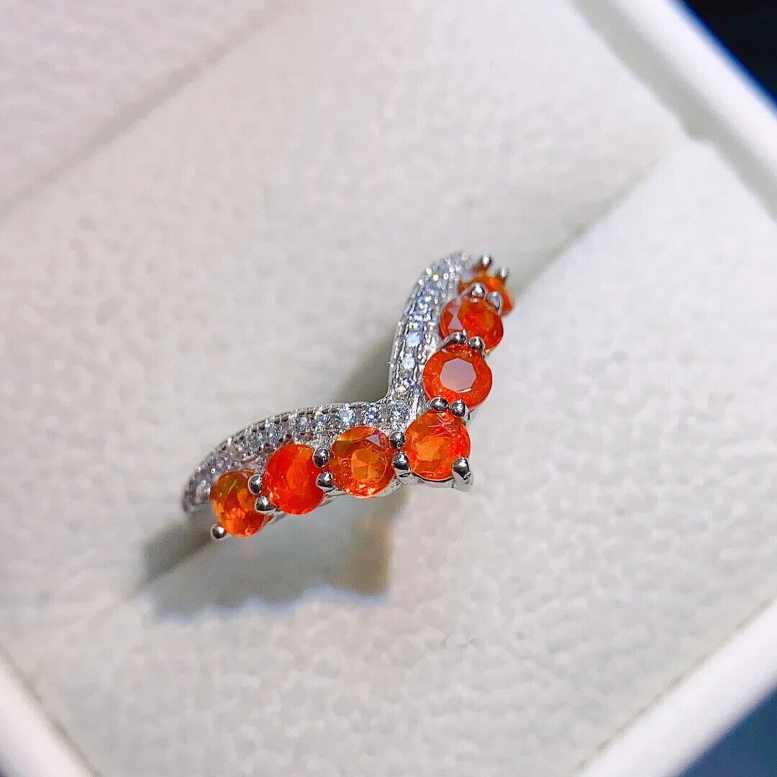 Orange Fire Opal Wedding Band Ring, Natural Orange Opal Engagement Ring