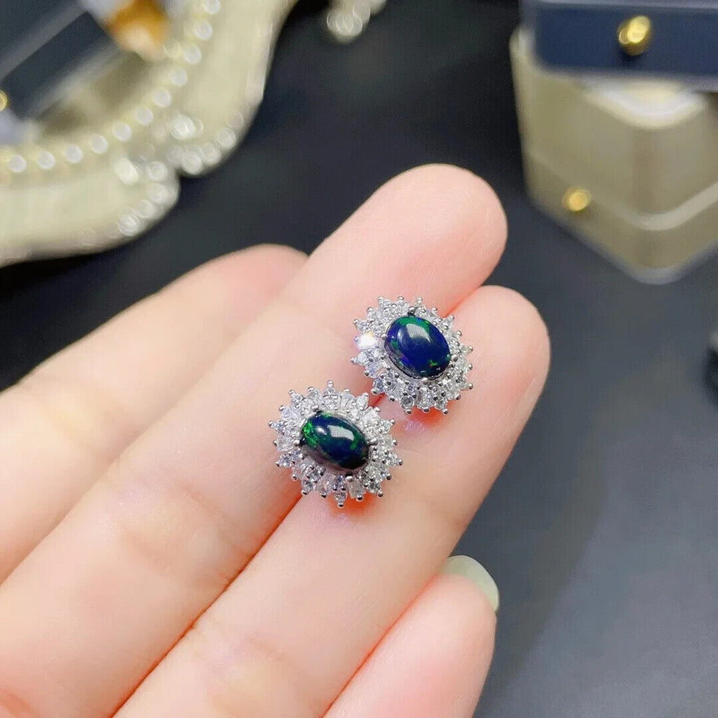 Natural Black Opal Jewelry Set 5x7mm, Women's Dainty Fire Opal Jewelry Set