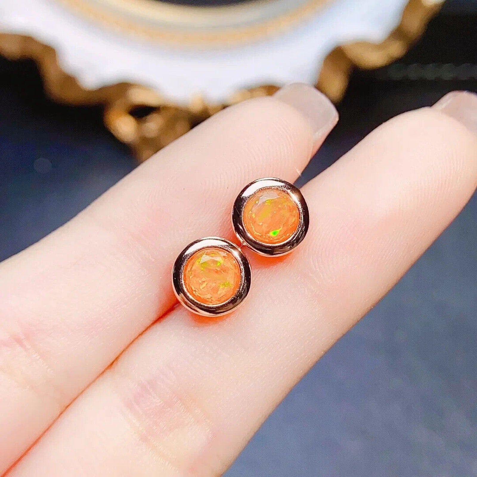 Orange Fire Opal Bezel Setting Stud Earrings 5mm, Orange Fire Opal Earrings