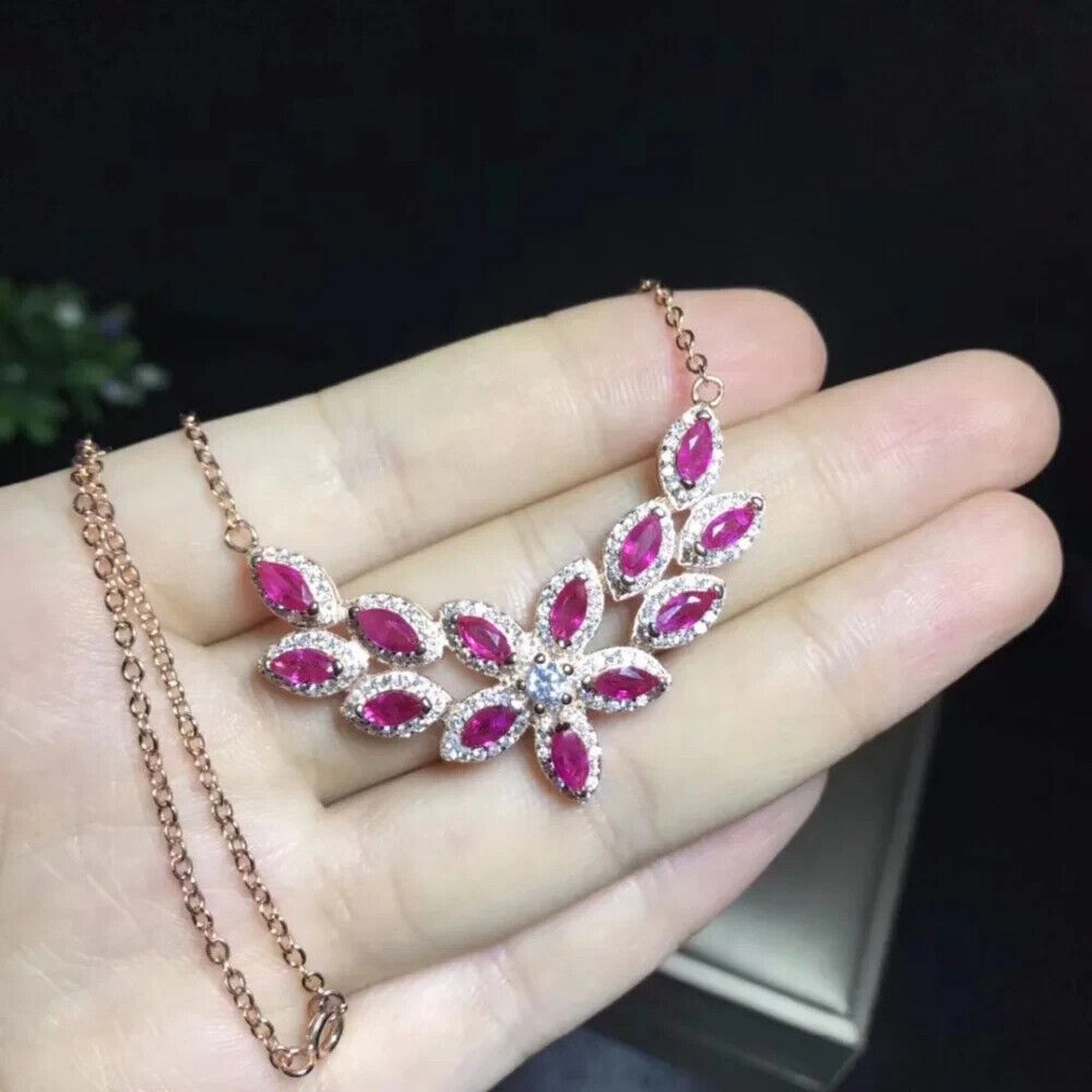 Natural Marquise Cut Ruby Necklace, Ruby Statement Necklace Sterling