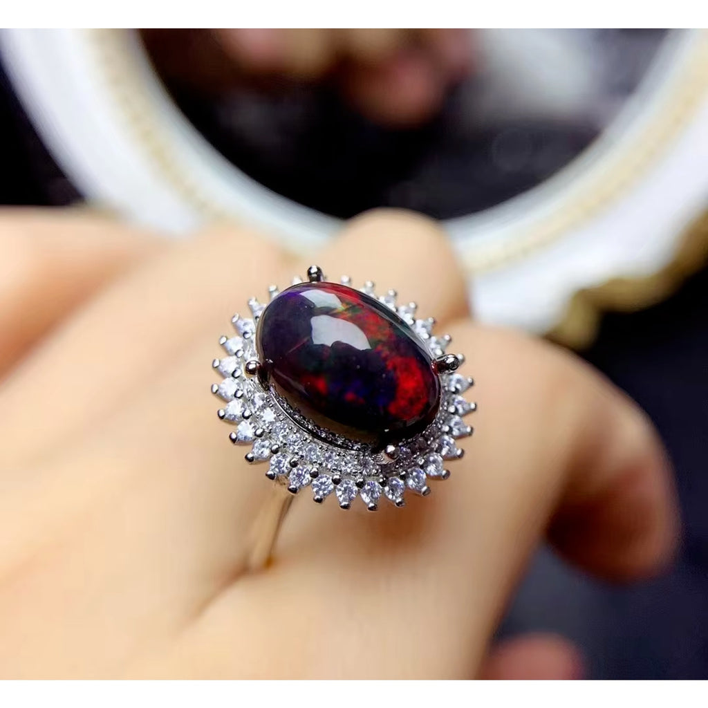 Black Opal Statement Ring, Australian Fire Opal Ring Sterling Silver 10x12mm