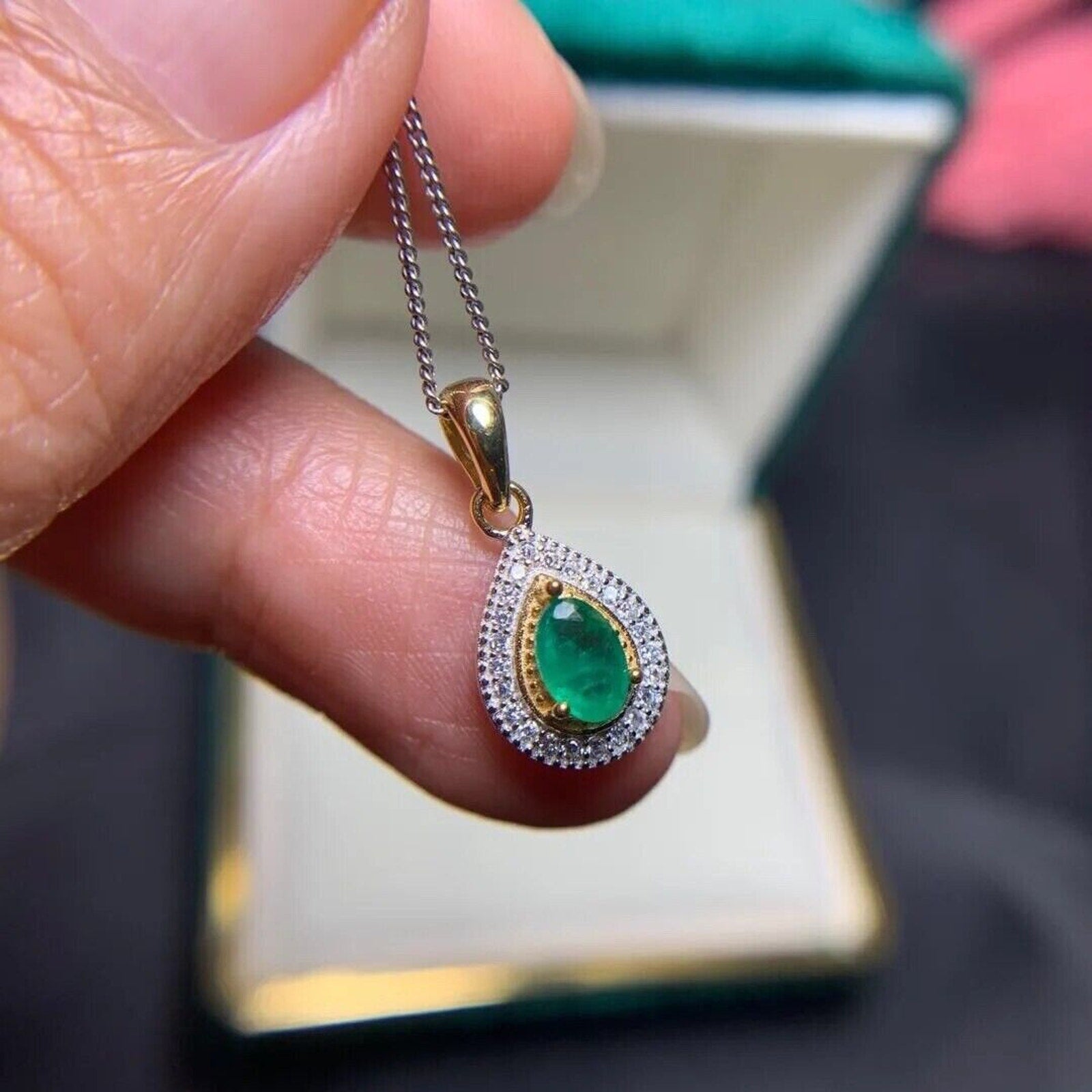 Dainty Emerald Pendant Necklace, Natural Emerald Single Stone Necklace 4x6mm