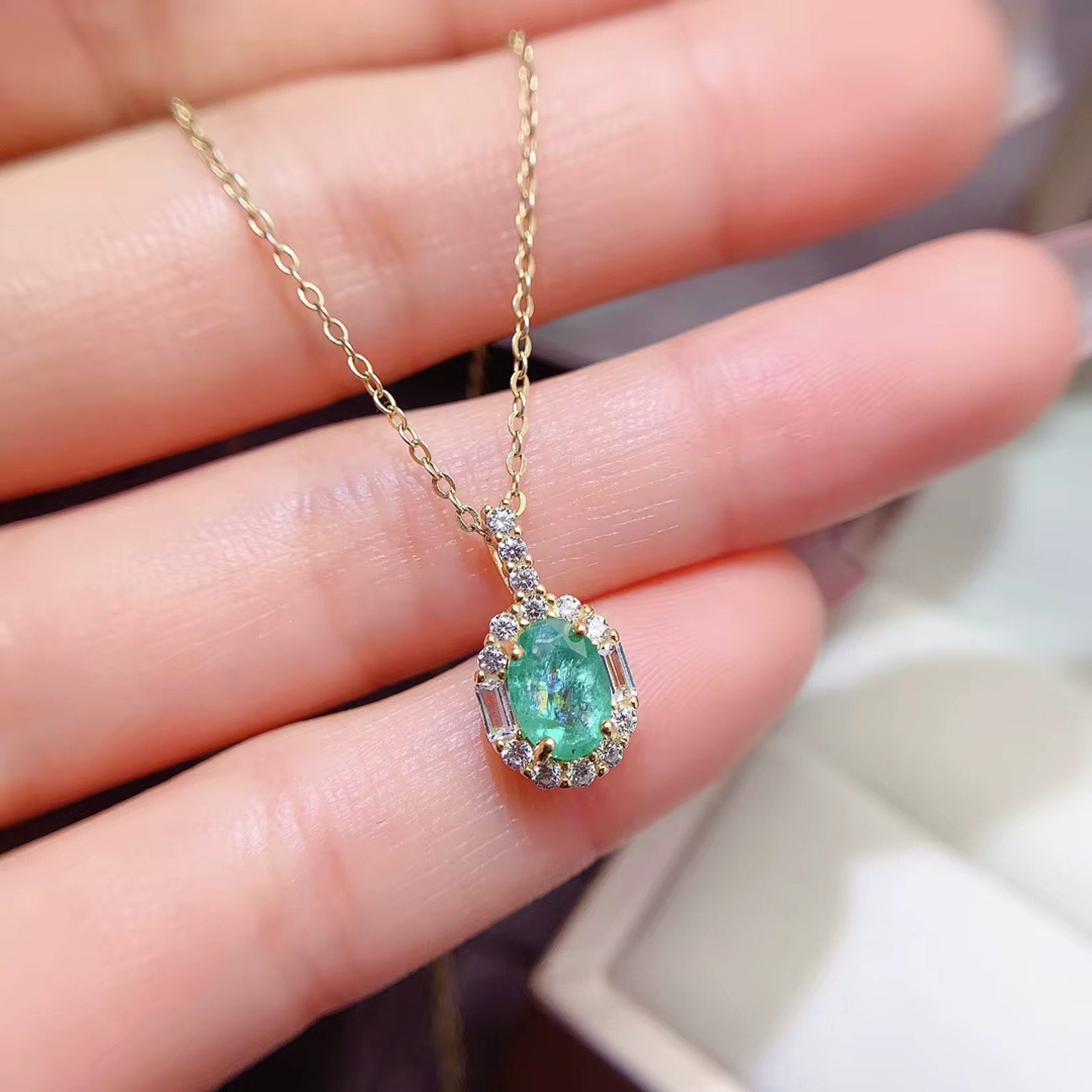 1CT Natural Emerald Pendant Necklace, Natural Colombian Emerald Necklace 5x7mm