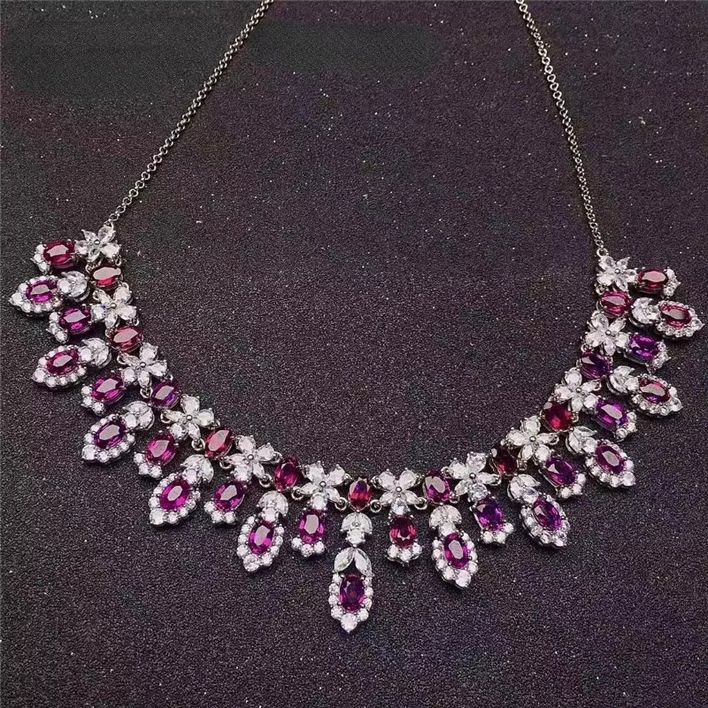 Natural Pink Garnet Statement Necklace, Gemstone Bib Necklace 925 Sterling