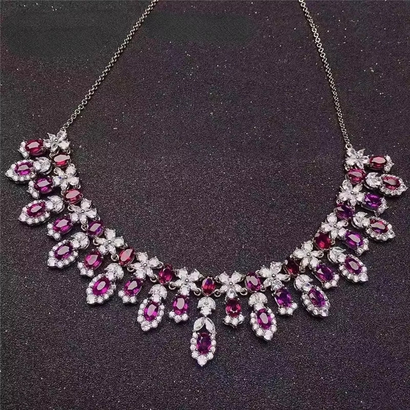 Natural Pink Garnet Statement Necklace, Gemstone Bib Necklace 925 Sterling