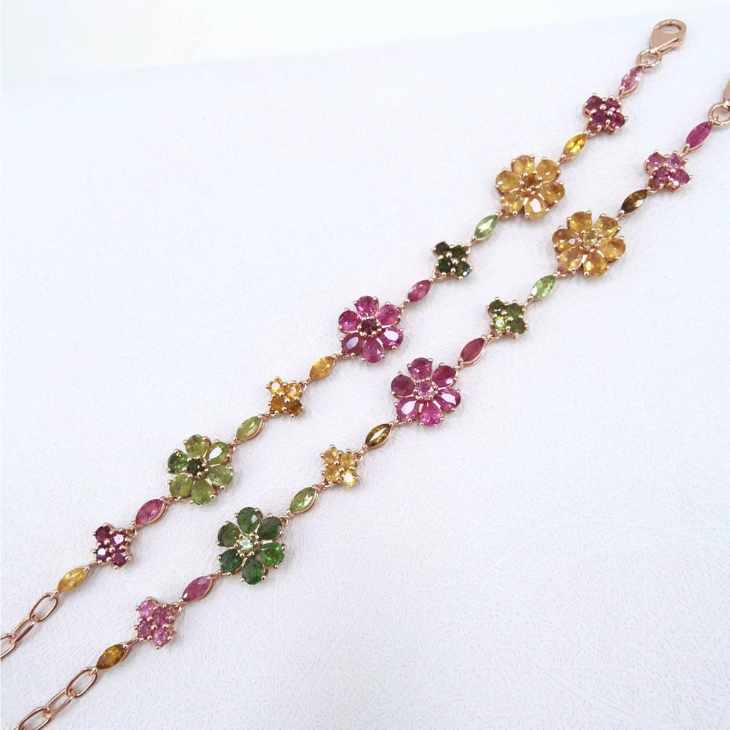 Natural Brazilian Tourmaline Tennis Bracelet, Tourmaline Flower Bracelet