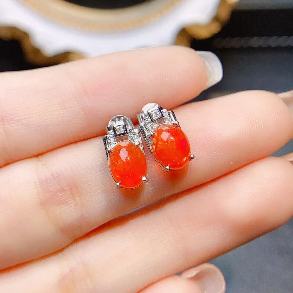 Orange Fire Opal Stud Earrings 6x8mm, Natural Orange Fire Opal Earrings
