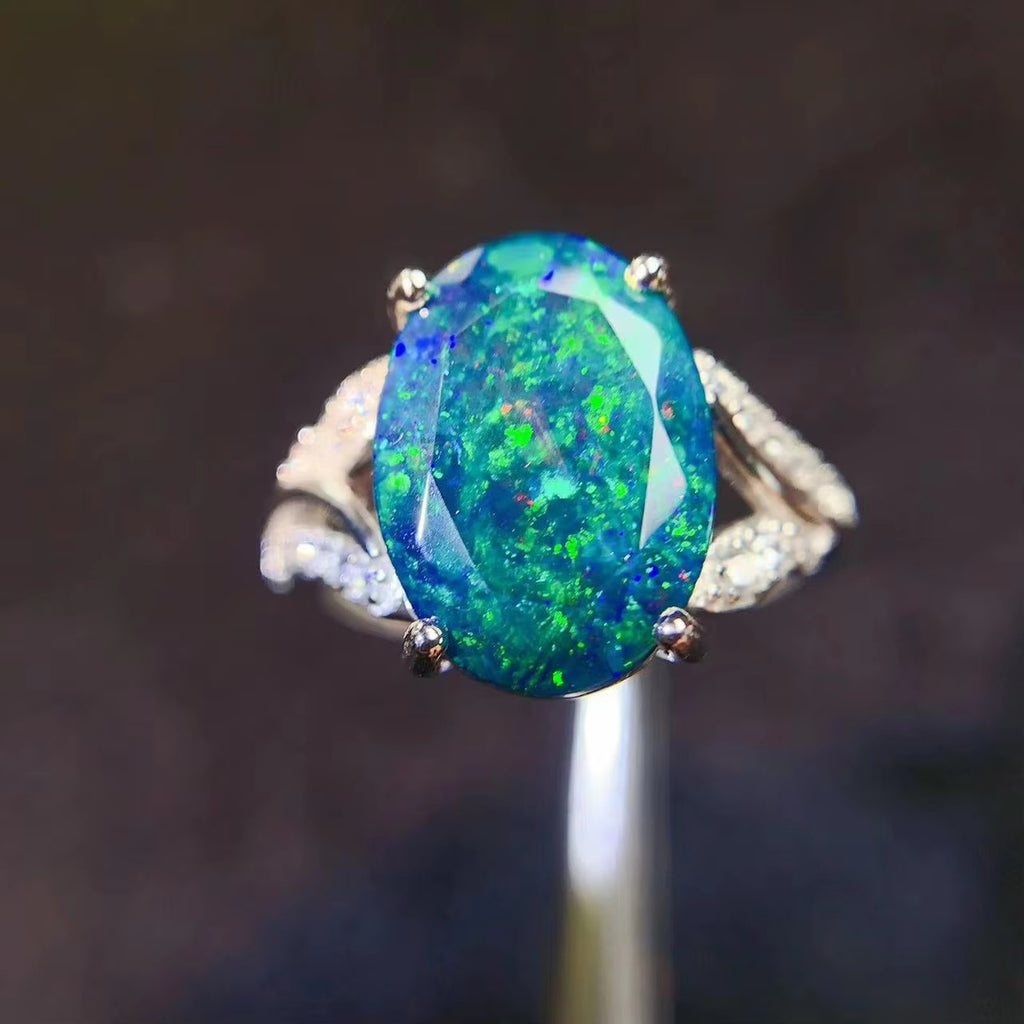 Natural Fire Opal Statement Ring, Black/ Blue Opal Ring ,Natural Fire Opal