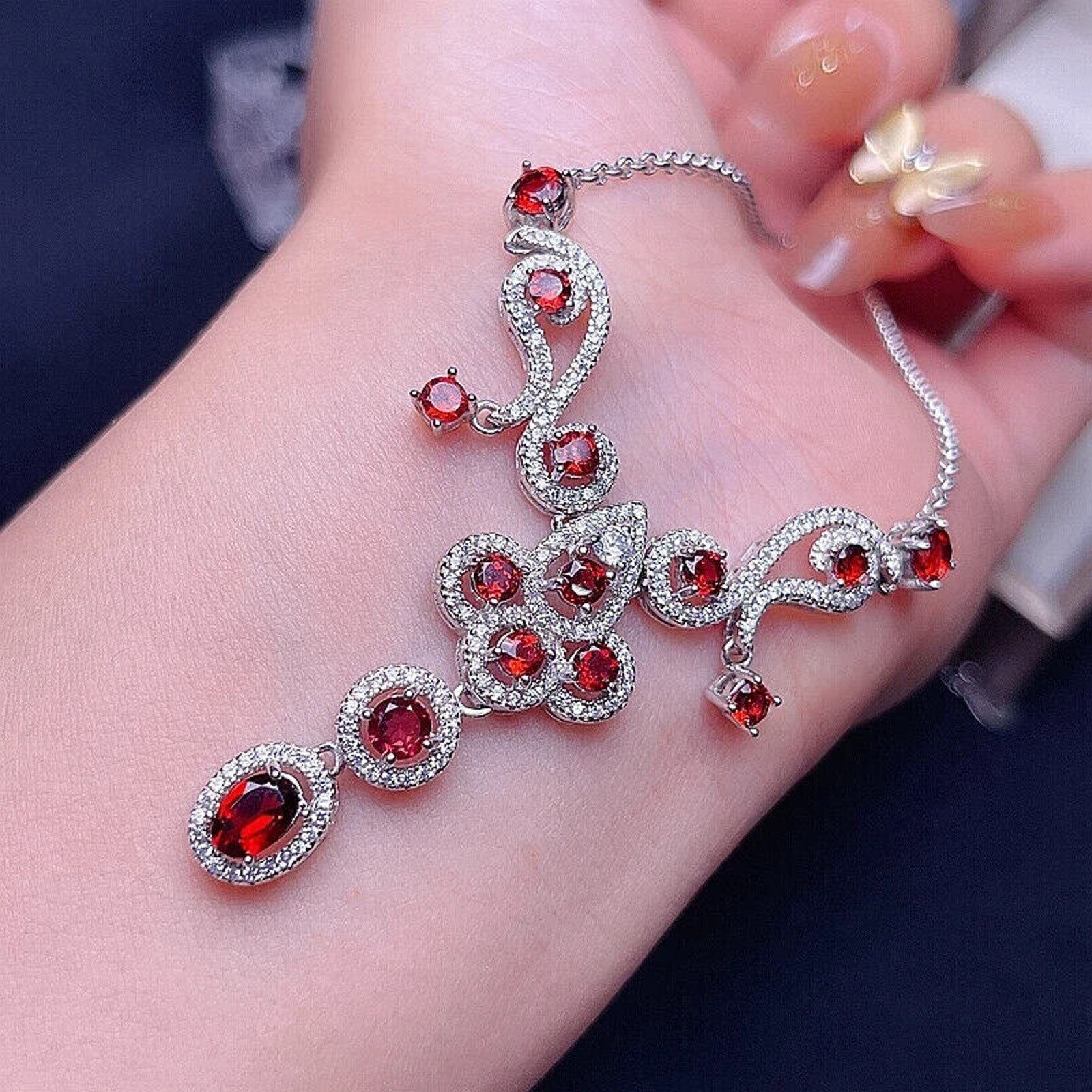 Red Garnet Gemstone Statement Necklace, Garnet Necklace 925 Sterling Silver