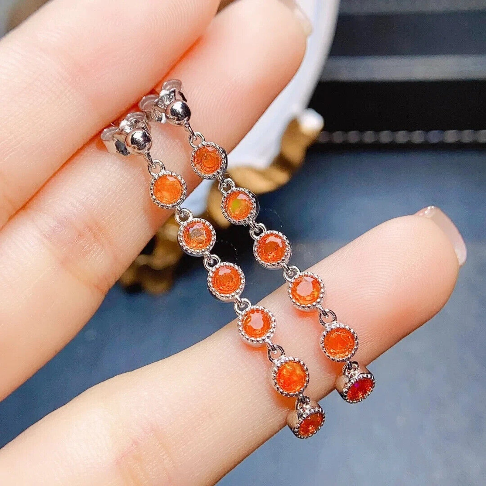 Orange Fire Opal Long Dangle Earrings, Colorful Orange Opal Dangle Earrings