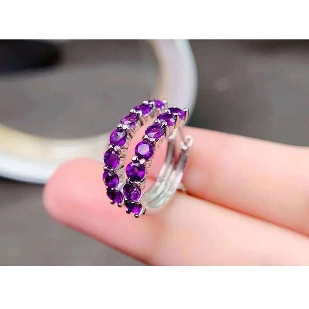 Natural Amethyst Hoop Earrings Platinum Plated 3mm, Amethyst Earrings Silver