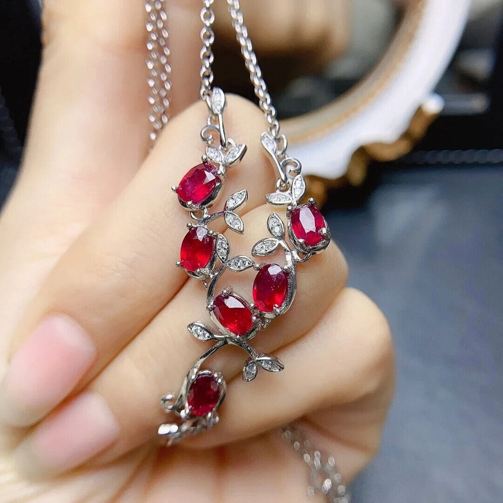 Natural Ruby Leaflet Necklace, Genuine Ruby Chain Necklace Sterling Silver