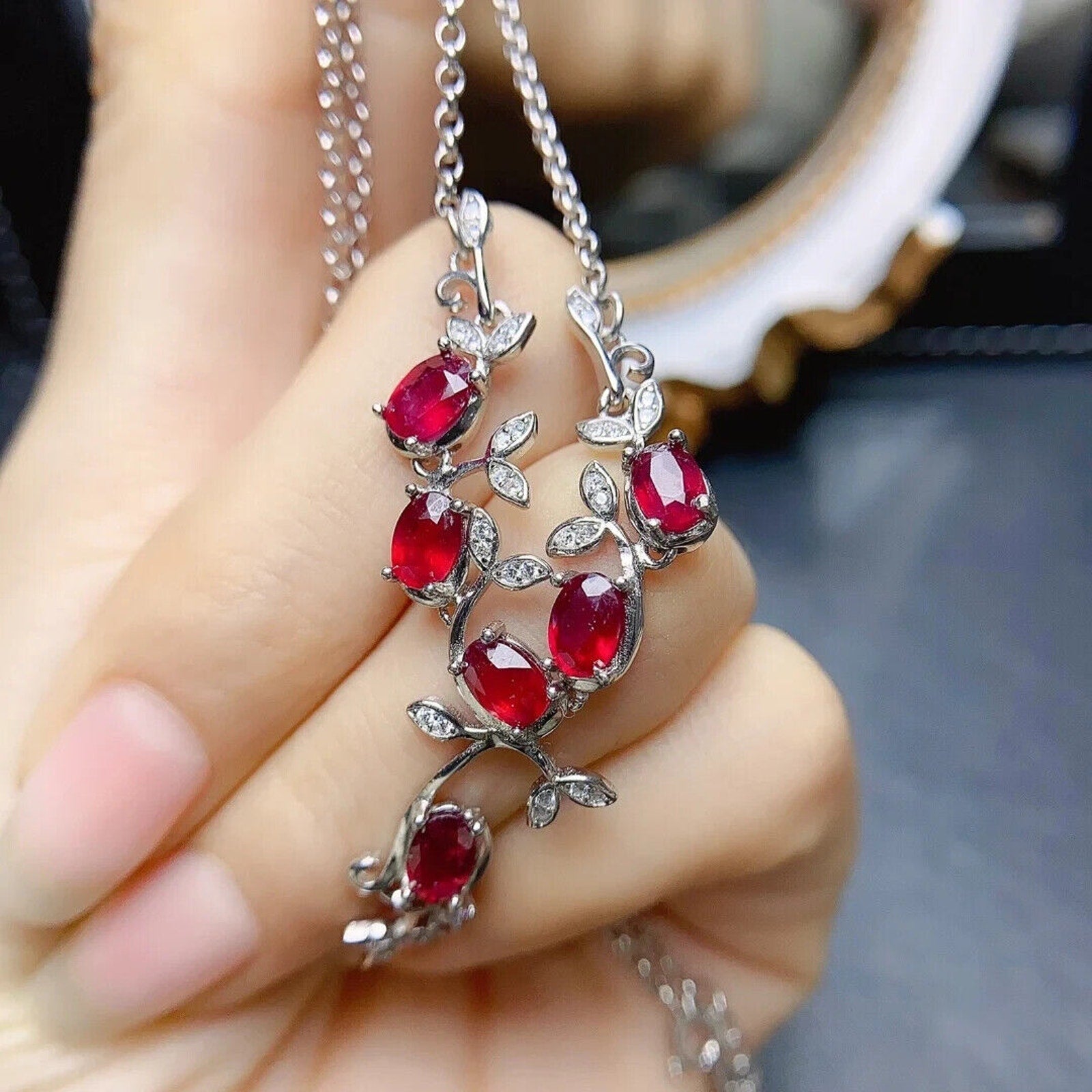 Natural Ruby Leaflet Necklace, Genuine Ruby Chain Necklace Sterling Silver