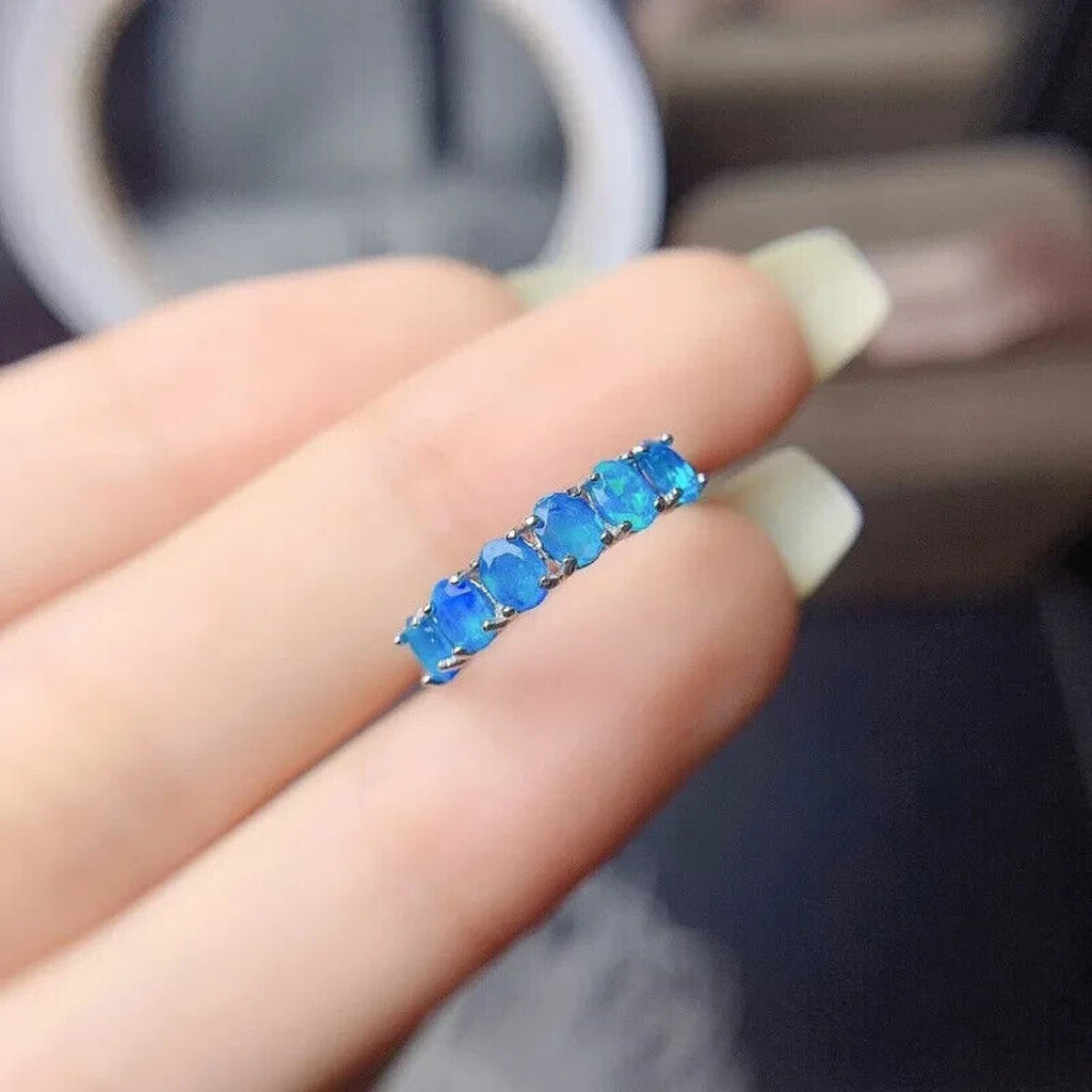 Natural Australian Blue Opal Band Ring 3x4mm, Women's Blue Fire Opal Ring