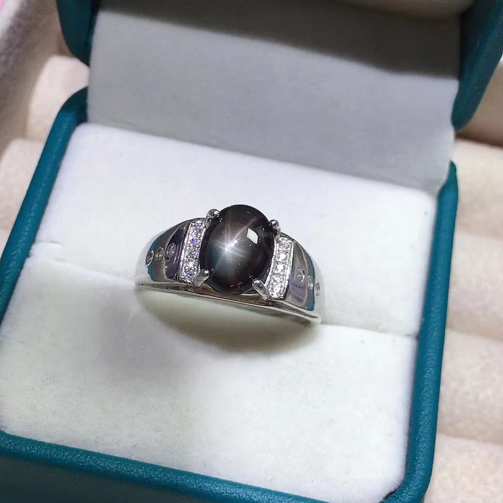 Men’s Star Sapphire Ring – Natural Star Light Sapphire in 925 Sterling Silver