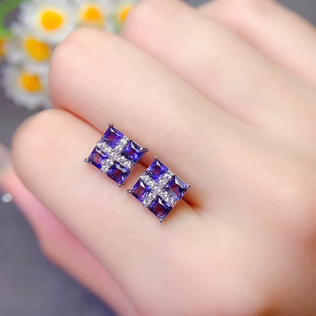 925 Sterling Silver 1.44Ct Tanzanite Square 3mm Stud Earrings Women
