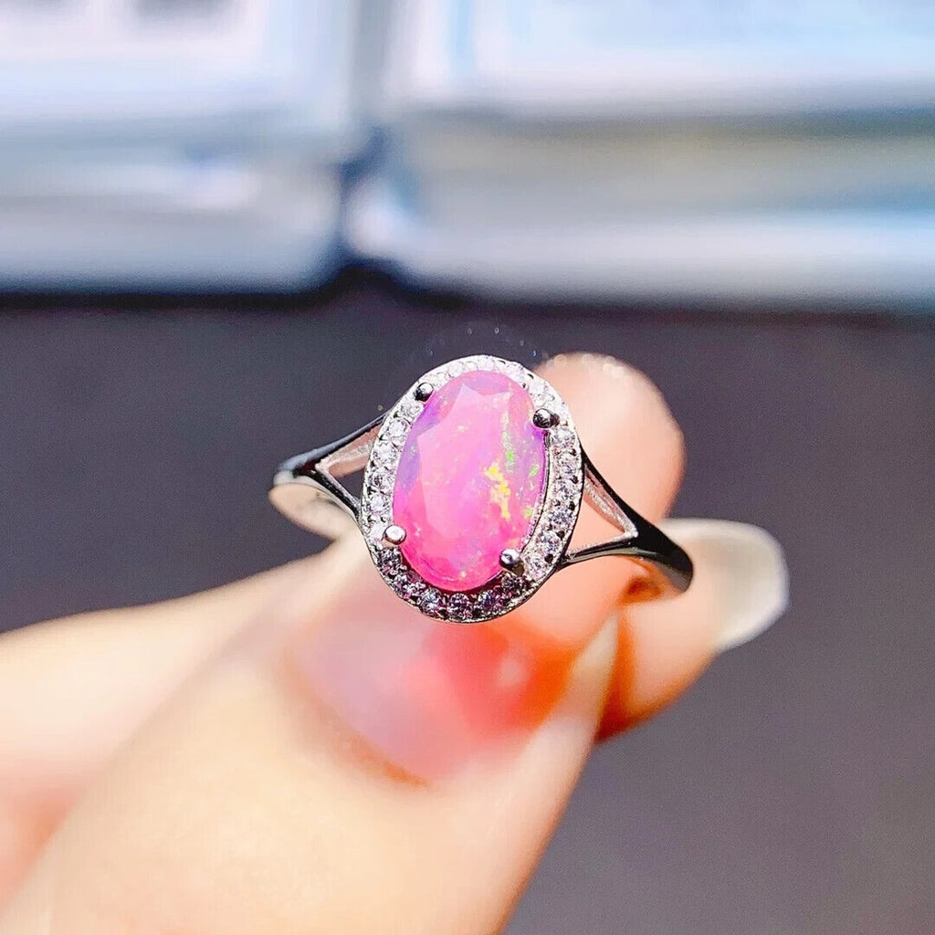 Natural Pink Fire Opal Cocktail Ring 6x9mm, Pink Opal Ring Sterling Silver