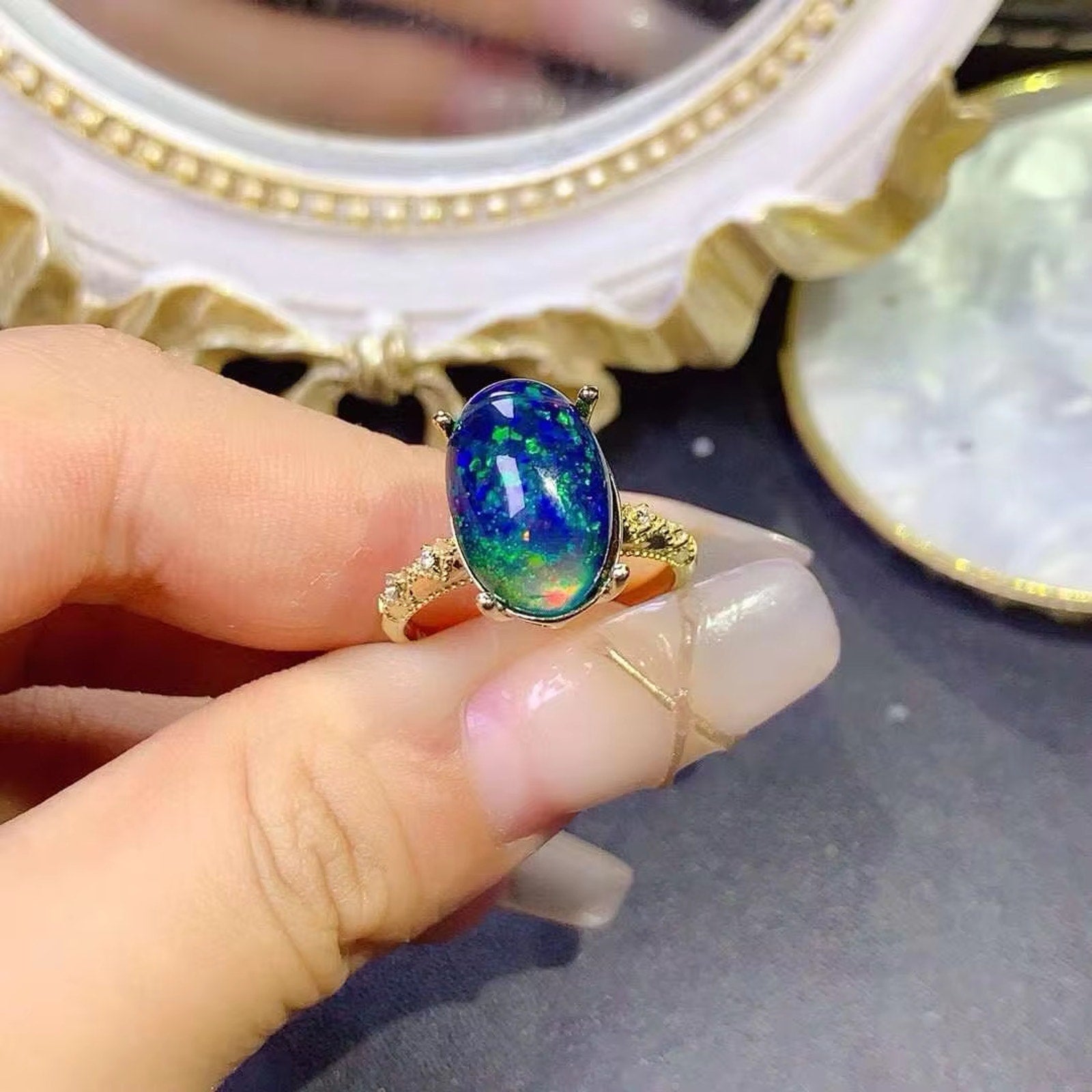 Black Opal Statement Ring, Australian Fire Opal Ring Sterling Silver 10x14mm