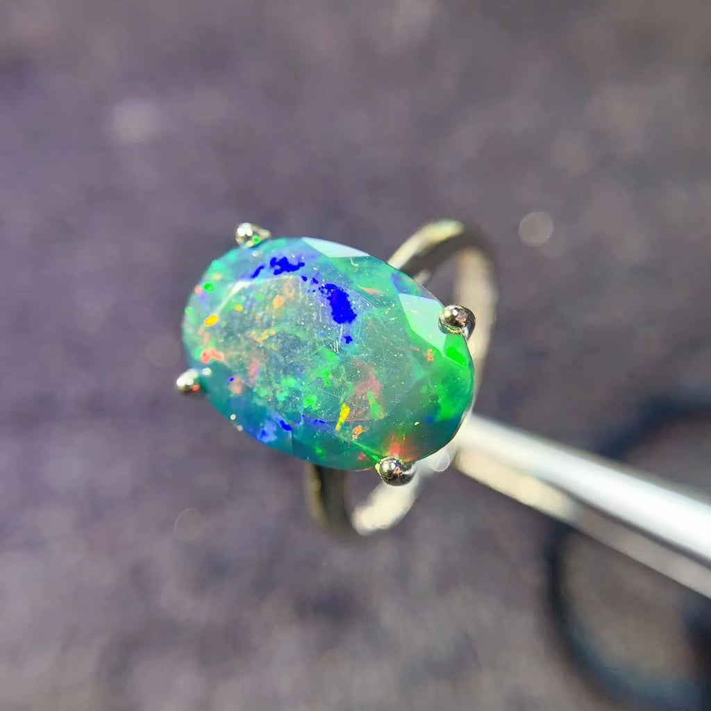 Faceted Black Opal Ring, Australian Fire Opal Statement Ring Sterling Silver