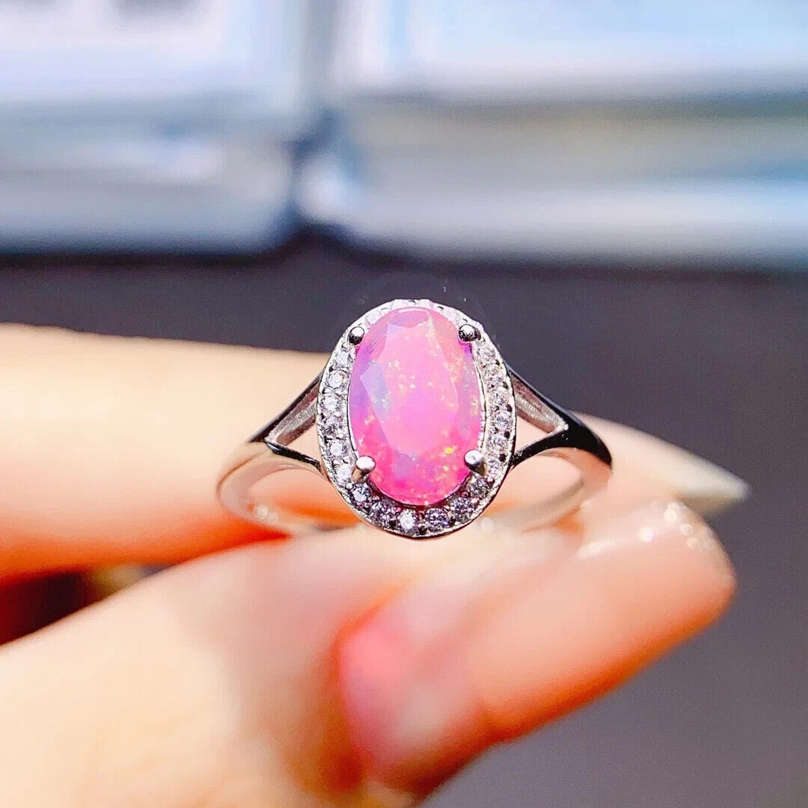 Natural Pink Fire Opal Cocktail Ring 6x9mm, Pink Opal Ring Sterling Silver