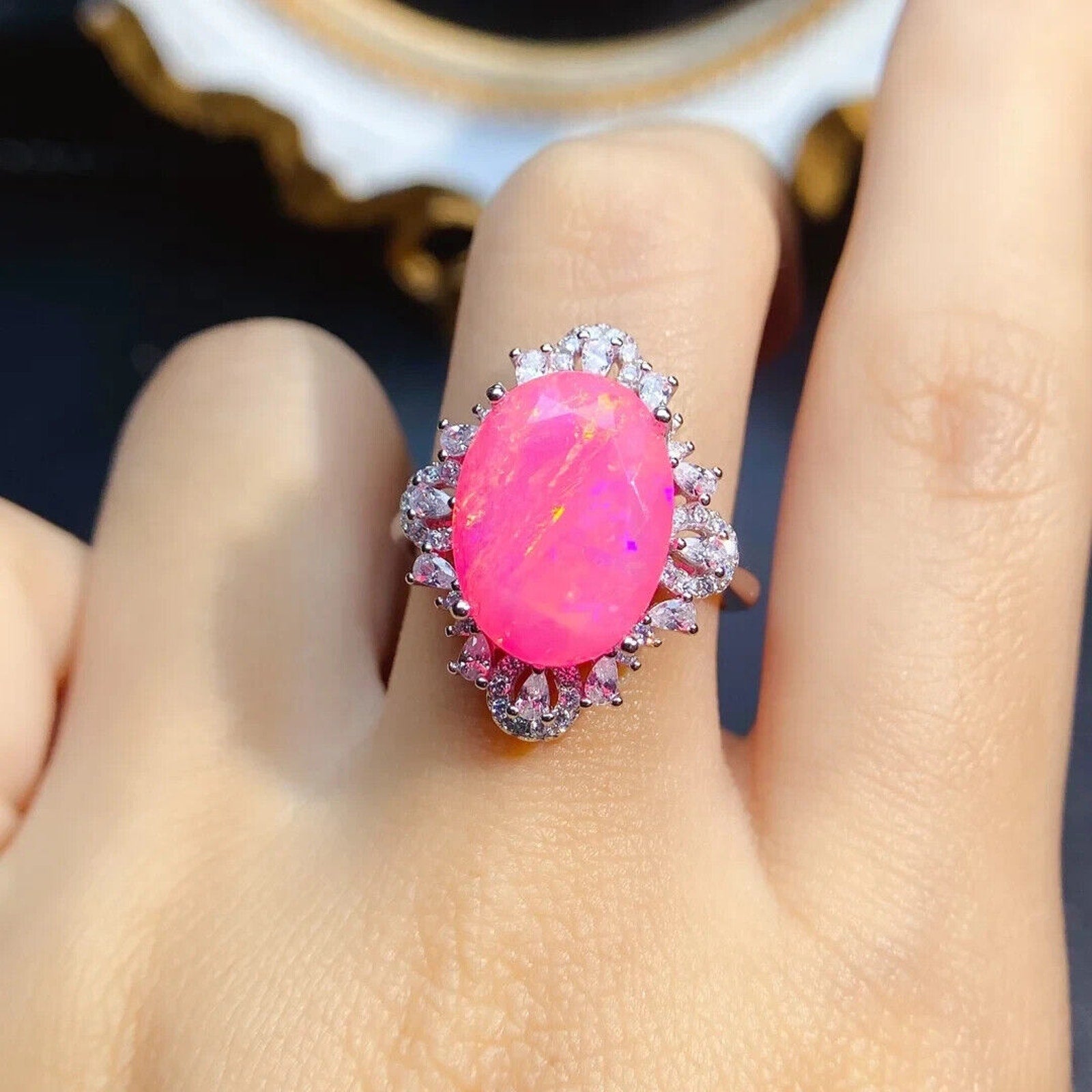 Pink Fire Opal Large Statement Ring 11x15mm, Natural Pink Fire Opal Ring