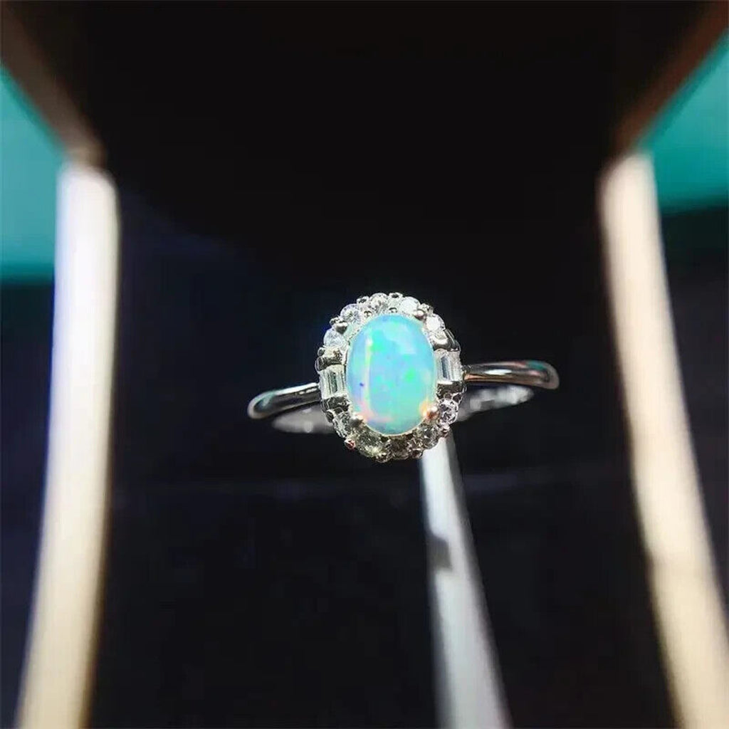 Fire Opal RIng Sterling Silver, Womne's Fire Opal Ring, Dainty Opal Ring 5x7mm