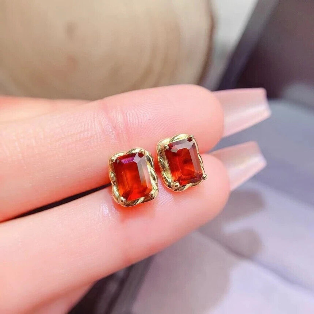 Natural Orange Garnet Stud Earrings 5x7mm Platinum Plated
