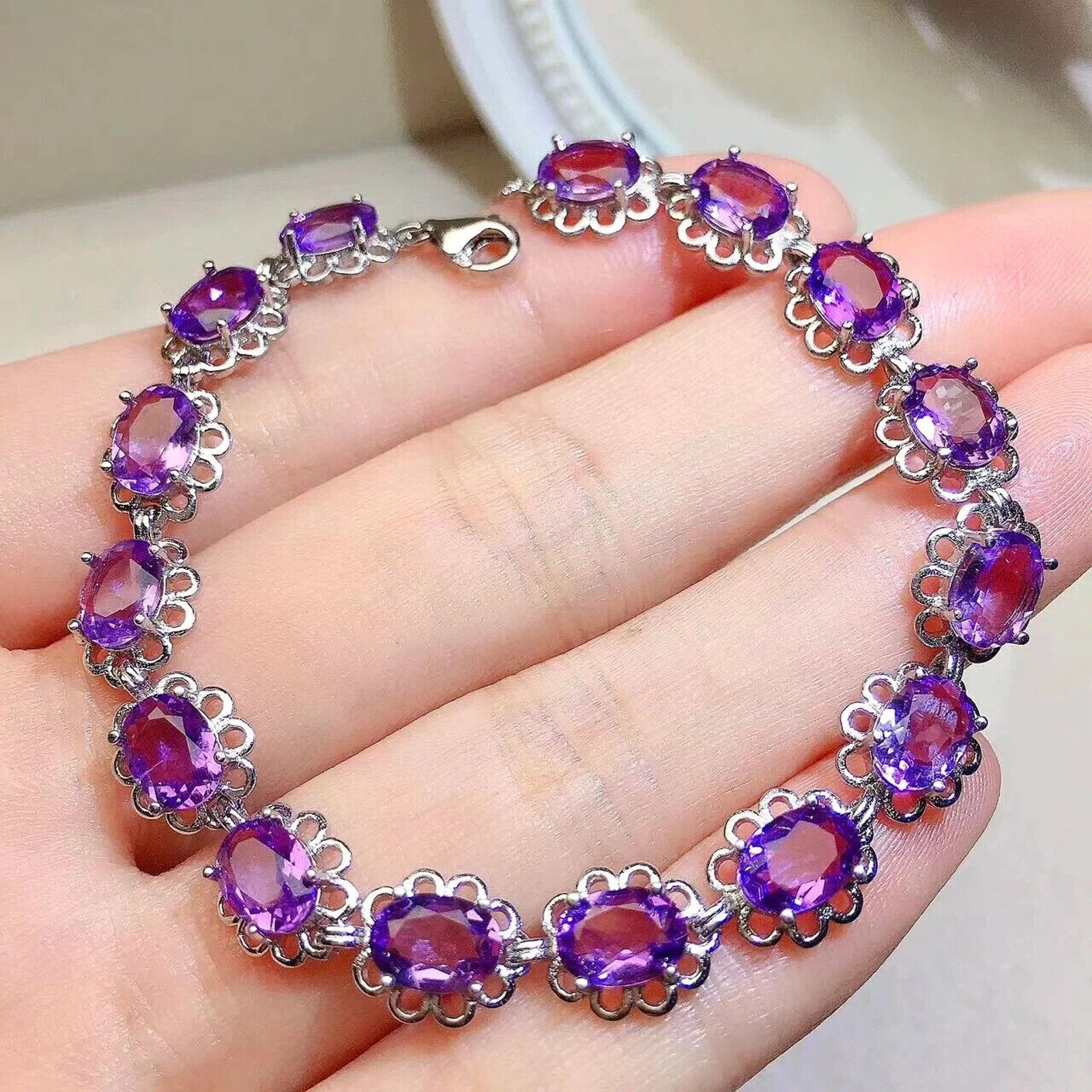 Amethyst Tennis Bracelet, Natural Amethyst Flower Bracelet 5x7mm Sterling Silver