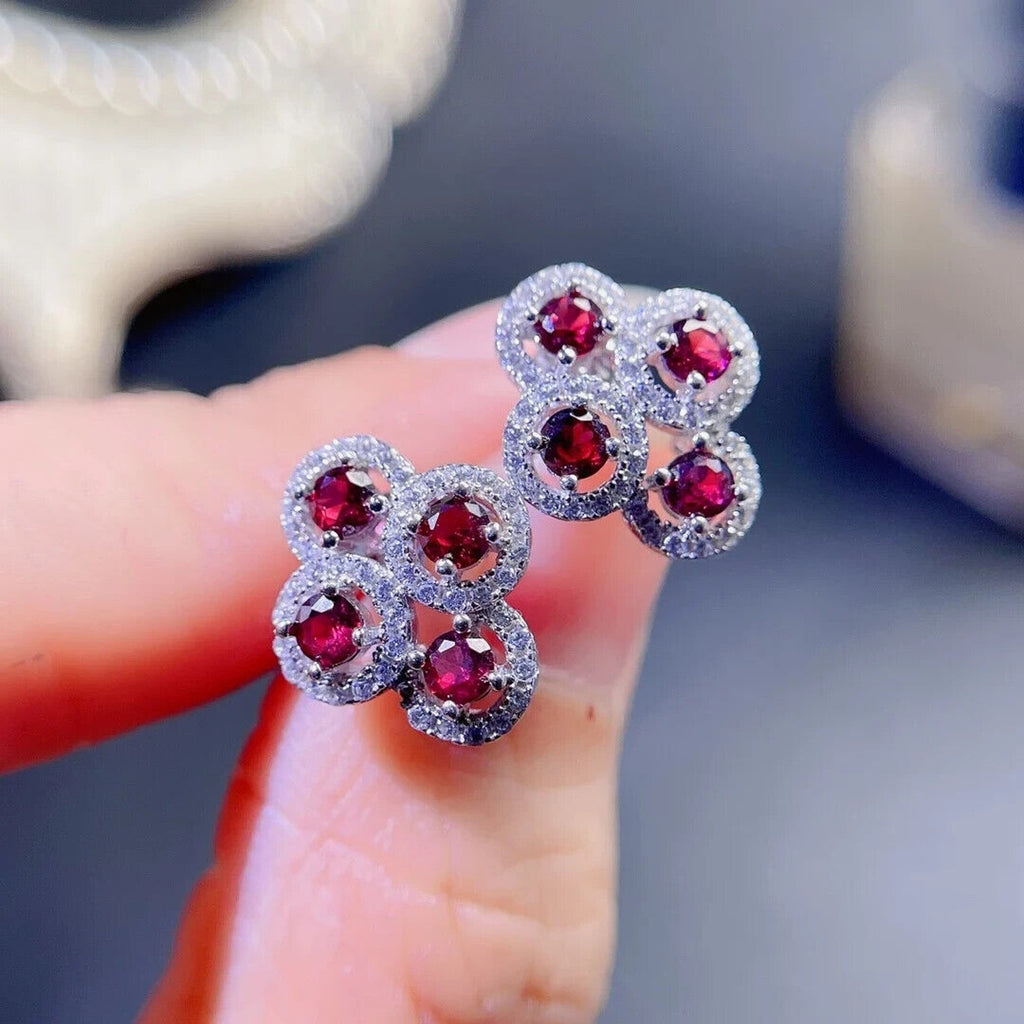 Red Garnet Cluster Stud Earrings, Natural Garnet Cluster Stud Earrings