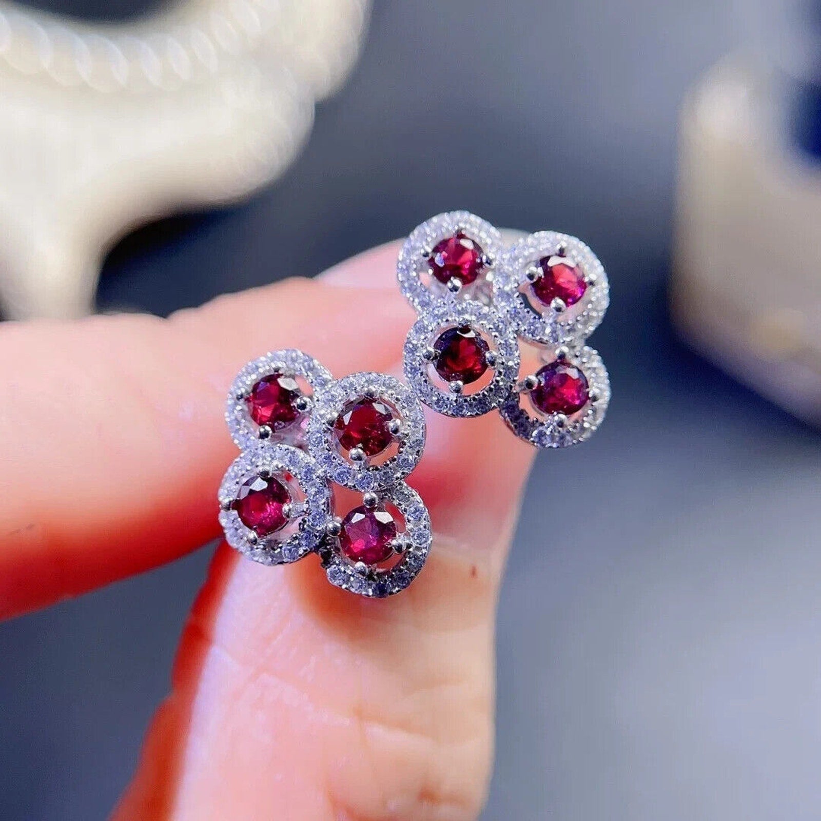 Red Garnet Cluster Stud Earrings, Natural Garnet Cluster Stud Earrings